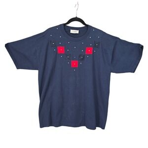 Vintage 90s Top Something More Womens Extra Large Blue Red Squares and Rainstone